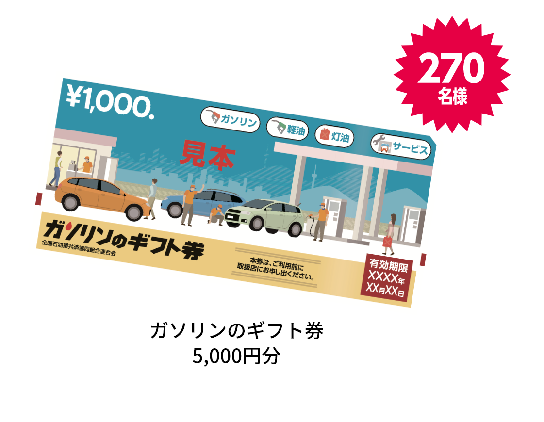 ガソリンのギフト券5,000円分 270名様